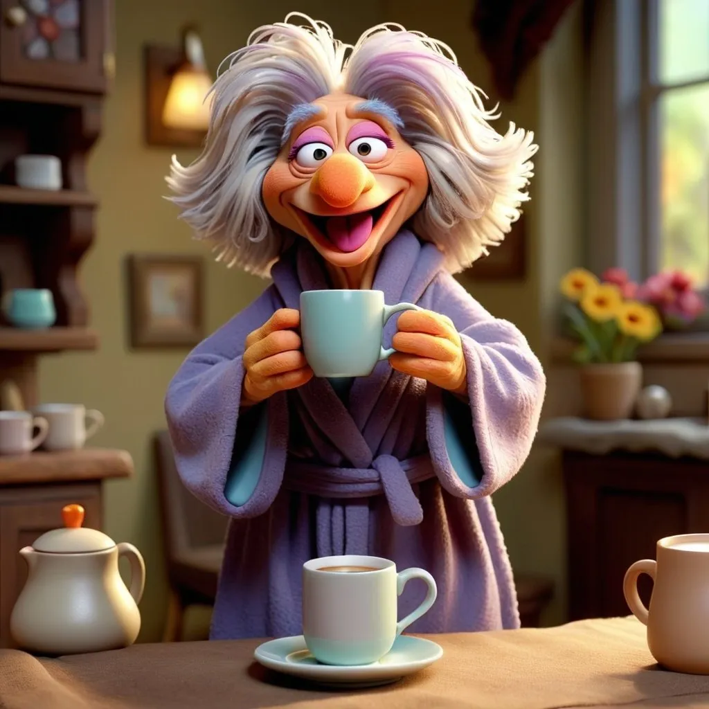 Prompt: 3D Animation, Fraggle Rock granny wearing a robe holding a cup of coffee 