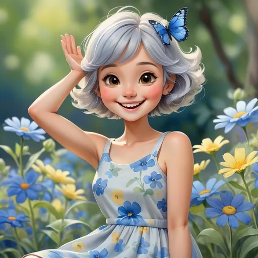 Prompt: Kawaii watercolor of a cute smiling lady one arm up, age 5, short light and dark gray hair, and wearing a knee length blue and white sundress, surrounded by different shades of blue flowers, there’s a blue and yellow butterfly 