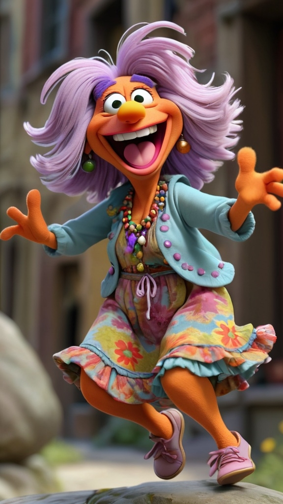 Prompt: 3D animation, laughing granny fraggle rock muppet, wearing hippie clothing, jumping in the air clicking her heels together 