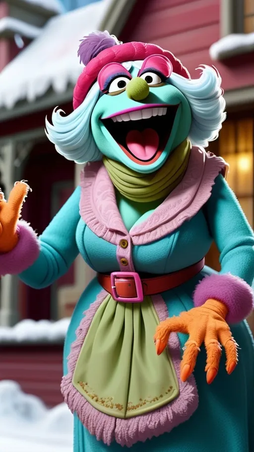 Prompt: Muppet theme, vibrant, ultra-detailed, Extreme long view, full body, Muppet Show style, Muppet laughing granny monster gesturing, BG winter 