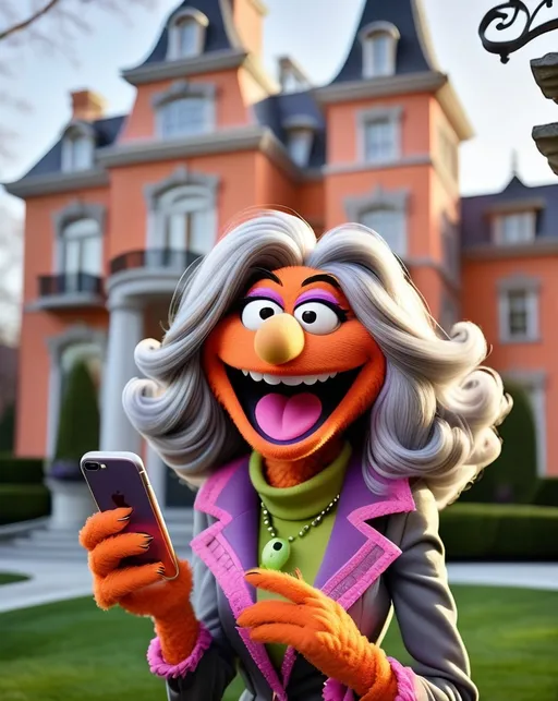 Prompt: head to toe view, Extreme long view, Muppet theme, vibrant, ultra-detailed, Muppet Show style, standing in front of a mansion, looking at her iPhone, laughing Muppet laughing gesturing granny monster, gray hair. The overall style is Springtime modern, whimsical, and full of life,.  BG mansion, gradients of Orange, pink, purple 
