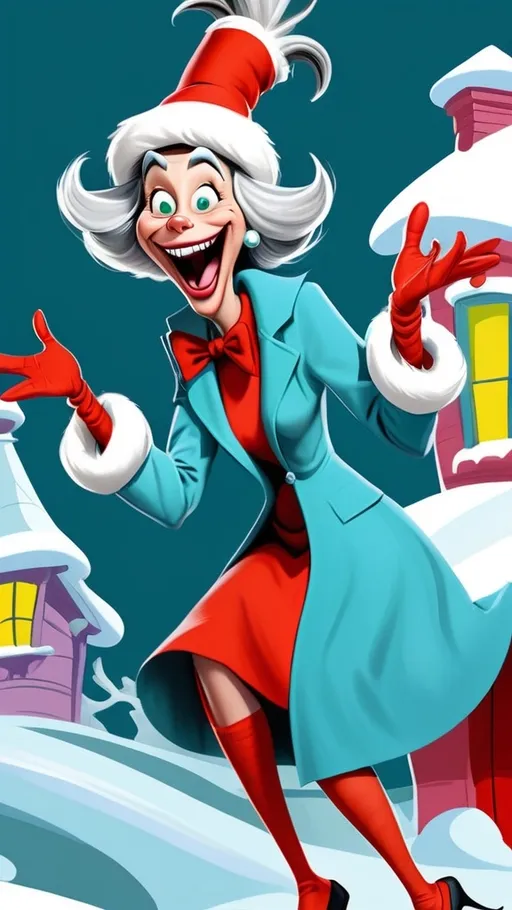 Prompt: Dr Seuss style Dr Seuss laughing granny gesturing get out Digital painting in whoville BG whoville seussical winter theme 