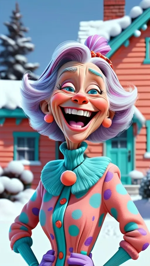 Prompt: Snow covered house with Full head to toe view laughing female granny standing in front of large house Dr Seuss style, giggling granny Seuss wearing Teal, coral, and lilac polka dots 3D animation in BG whoville winter theme snow covered house, extreme long view, head to toe 