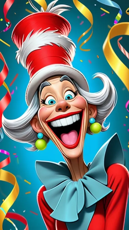 Prompt: Dr Seuss style Dr Seuss laughing granny Digital painting in whoville BG whoville seussical new year’s theme BG vibrant Confetti, streamers, fireworks 