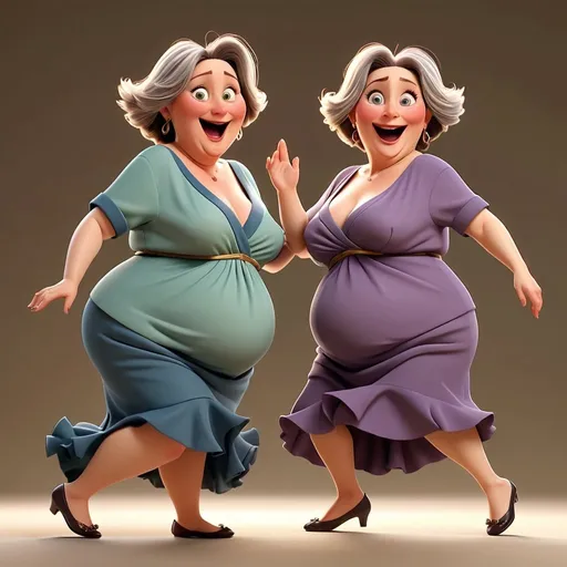 Prompt: Animation, friends, middle aged women having fun dancing, some wrinkles, chubby, full body 