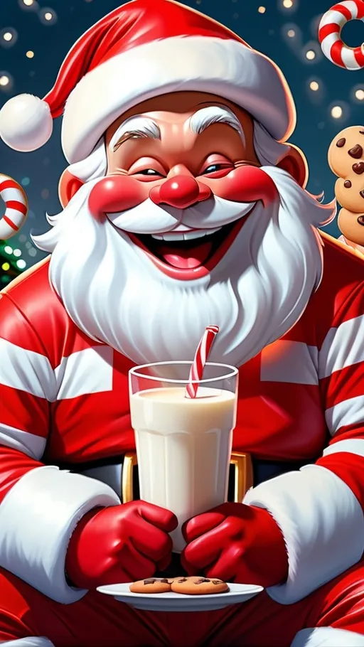 Prompt: Digital painting, laughing Santa wearing red/white striped pajamas having a cookie and milk BG christmas lights 