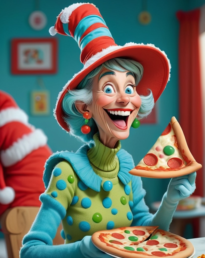 Prompt: extreme long view head to toe including full view of entire hat, Dr Seuss style, laughing granny Seuss wearing blue and green dots holding a slice of pizza 3D animation in BG whoville winter theme, extreme long view of head to toe including full view of hat design 