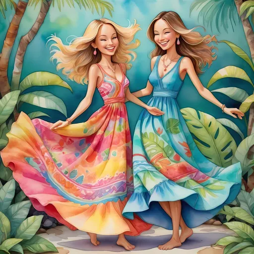 Prompt: A vibrant vivid kawaii watercolor picture composed of whimsical, very detailed and textured fabric patterns sewn together. Each vibrant color is made of a whimsically patterned fabric piece that evinces a feeling of playfulness, lightheartedness, and fancy. Similar to Tommy Bahama fabric, a meditative garden with 2 friends age 40 dancing and smiling whose long dresses are made of with Each vibrant color of a whimsically patterned fabric pieces of Tommy Bahama