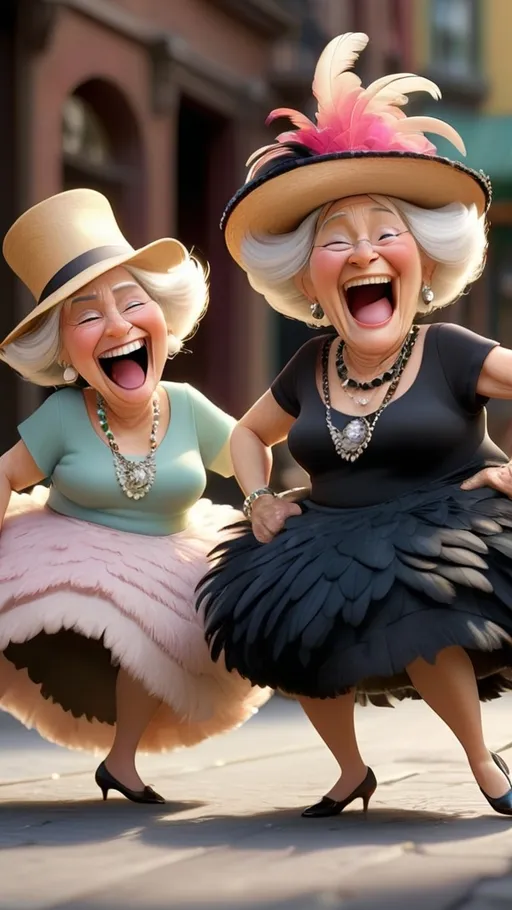 Prompt: Long view, full body, Humorous Pixar Movie image hyper-realistic, 3D Animation, two grannies laughing, one has blonde hair, one has black hair. Wearing large hats with feathers, necklaces, earrings, dresses. Doing the can-can dance.