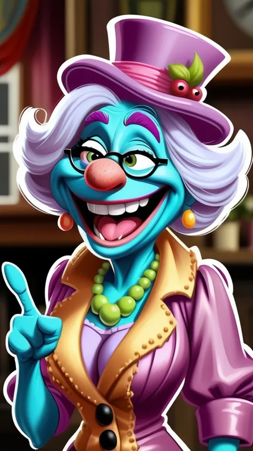 Prompt: Muppet Show style Muppet Show laughing granny monster (((pointing at her head))) Digital painting  BG Muppet house 