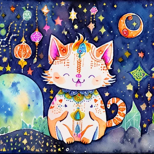 Prompt: Kawaii watercolor of a full body skinny ginger kitty with a closed mouth smile in the galactic night sky decorated with Henna art inspired patterns, embellishments and Flourishes, bright vibrant colors, Highly detailed, popping vibrant colors, Gradient Colors, Intricate details, Highly textured, spiritual symbols of mandalas with Hindu, Buddhist, Jainism, Shinto, Bengali, Celtic, and Arabic geometric and whimsical patterns, extremely cute, whimsical playful, charming, enchanting, imaginative, fantastical, magical, lighthearted, fanciful