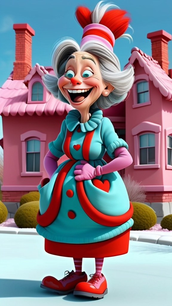 Prompt:  house with Full head to toe view laughing female granny standing in front of large house Dr Seuss style, giggling granny Seuss, wearing Valentines clothes 3D animation in BG whoville Valentines theme house, extreme long view, head to toe 