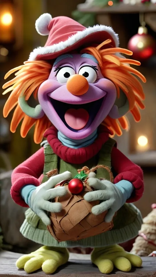 Prompt: 3D animation, (((laughing granny fraggle rock muppet))) BG Christmas 