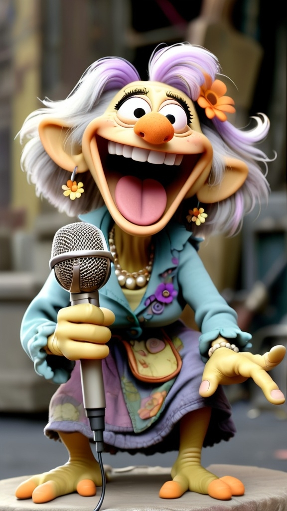 Prompt: Fraggle Rock style, Fraggle laughing granny muppet, gesturing holding a microphone, a goat next to her, BG Fraggle Rock, extreme long view, full body, 
