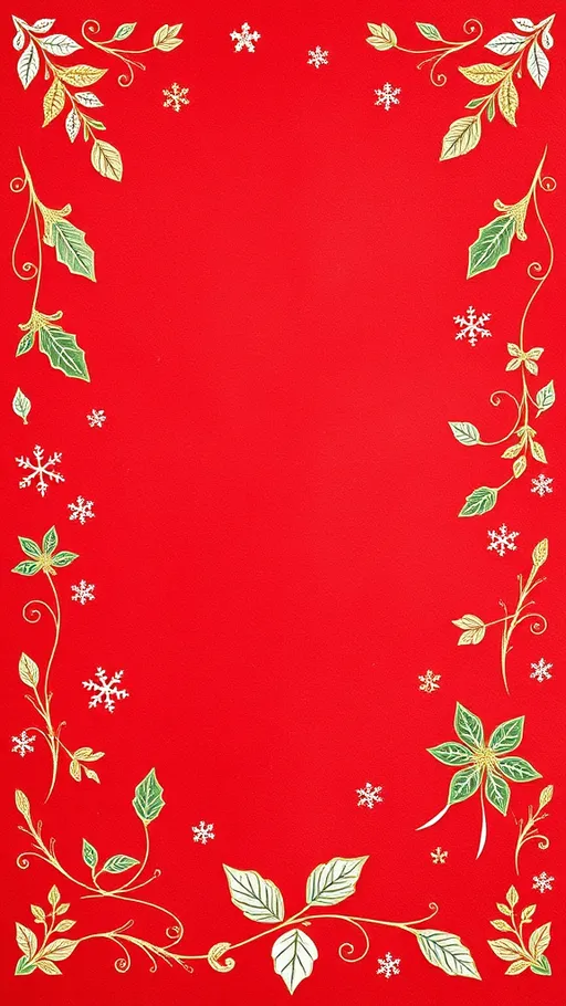 Prompt: Whimsical winter Christmas wallpaper background with gold white green hand drawn flourishes and embellishments a Christmas border on a red paper vibrant colors, very detailed