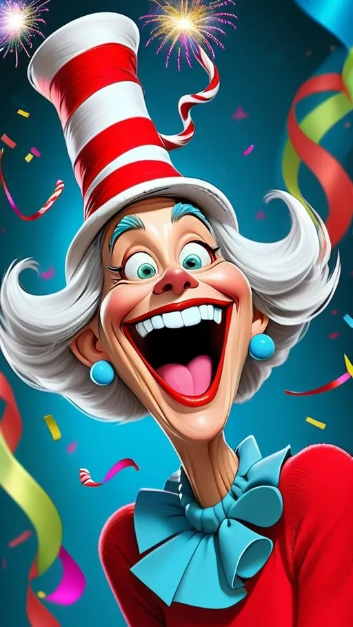 Prompt: Dr Seuss style Dr Seuss laughing granny Digital painting in whoville BG whoville seussical new year’s theme BG vibrant Confetti, streamers, fireworks 