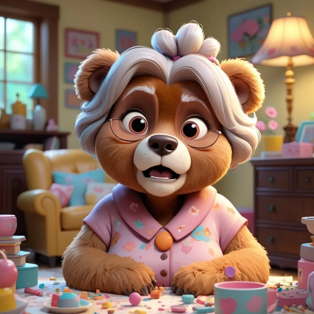 Prompt: 3D animation, kawaii, grandma fozzy bear muppet, in a messy family room 