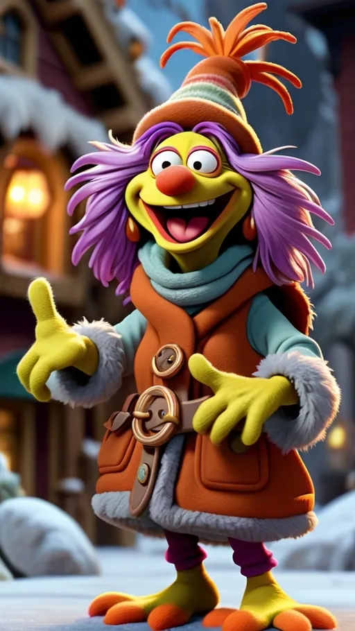 Prompt: Fraggle Rock style Fraggle  laughing granny gesturing 3D animation in BG Fraggle winter theme, full body, extreme long view 