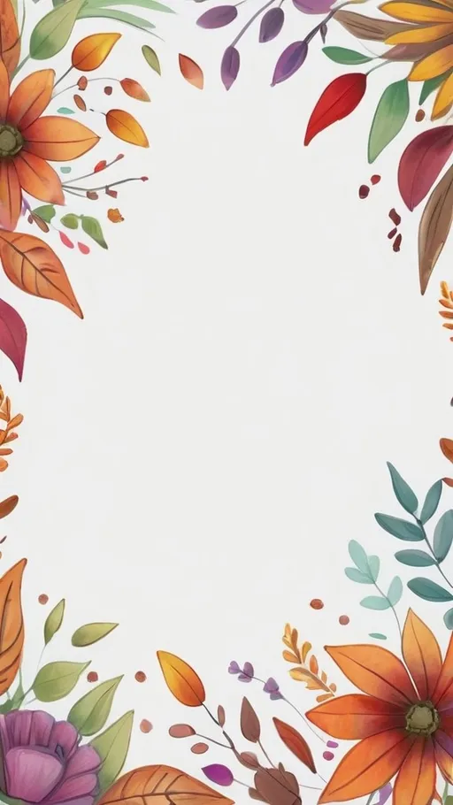 Prompt: A hand drawn square surrounded by fall time Floral border with flowers and foliage on white background with some hand drawn strokes around the flowers and hand drawn leaves, vibrant colors, very detailed