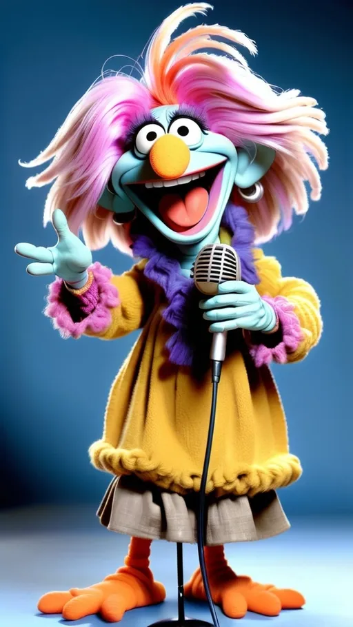 Prompt: Fraggle Rock style, vibrant Fraggle laughing granny muppet, gesturing holding a microphone, BG Fraggle Rock winter, extreme long view, full body, 
