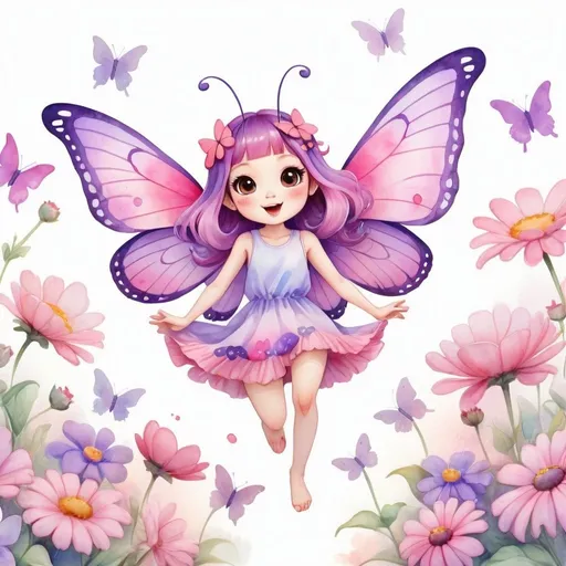 Prompt: Watercolor, kawaii, butterfly, pinks and purples, flying happily over some adorable flowers, full body, extreme long view