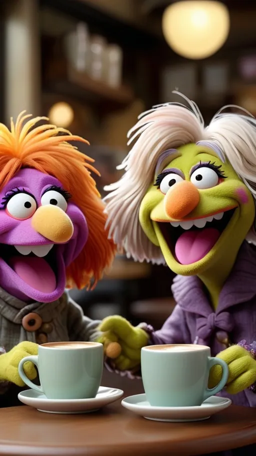 Prompt: 3D animation, kawaii, 2 fraggle rock muppet grannies, laughing, having coffee at a coffee house 