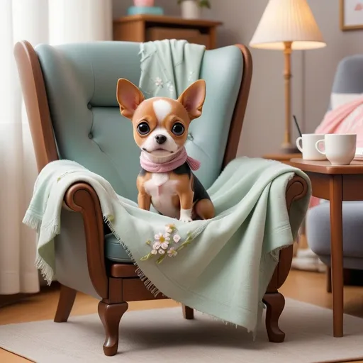 Prompt: Kawaii, cute little dog laying in a high back chair, the chair has a tear in the upper right corner where a spring is poking through, a shawl is draped over the left back corner and a blanket is placed over the left arm rest, a desk and a coffee table are also placed in the room which is decorated in a modern style 