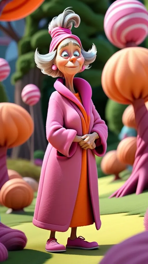 Prompt: extreme long view, head to toe, Dr Seuss style, tired granny Seuss wearing pink and orange robe, kerchief 3D animation in BG whoville Springtime theme, 