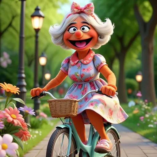 Prompt: 3D animation, kawaii, grandma muppets, wearing floral dresses, biking a path in a park 