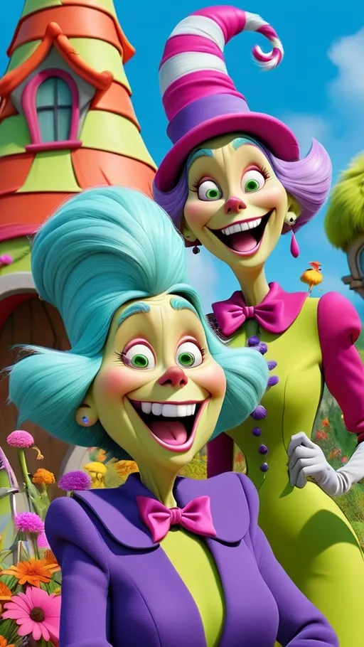 Prompt: 3D animation, (((2 laughing whoville grannies))), in a vibrant seussical garden 