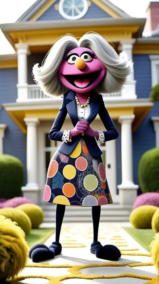 Prompt: head to toe view, Extreme long view,, Muppet theme, vibrant, ultra-detailed, Muppet Show style, standing in front of a mansion, Muppet laughing gesturing granny monster, gray hair. The overall style is Springtime modern, whimsical, and full of life,.  BG modern style mansion theme navy plum background contrasts with goldenrod and white abstract circles
