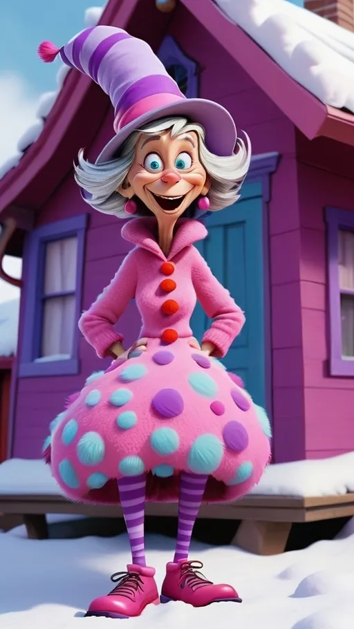 Prompt: Dr Seuss style, giggling granny Seuss wearing pink and purple dots 3D animation in BG whoville winter theme snow covered house, extreme long view, head to toe 