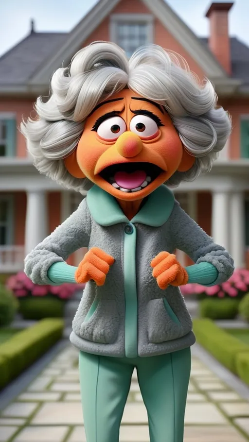 Prompt: Stern granny, head to toe view, Extreme long view, Muppet theme, ultra-detailed, Muppet Show style, standing in front of a mansion, upset furious angry gesturing granny monster, expressive irritated look and making an irritated gesture, gray hair. The overall style is Springtime modern.  BG modern style mansion, workout fitness clothing,