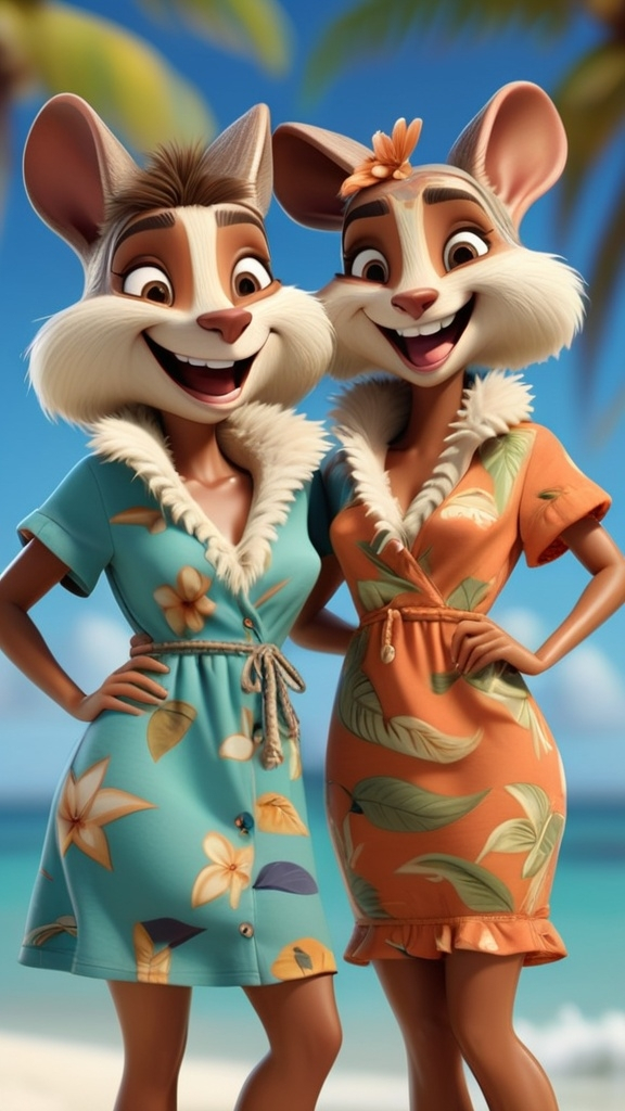 Prompt: 3D animation, 2 comical female animals wearing Tommy Bahama dresses, all skin covered with fur, gathered together, smiling