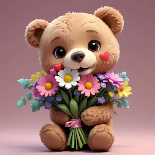 Prompt: 3D animation, kawaii, a cute teddy bear holding a bouquet of flowers, very joyful and adorable, highly detailed