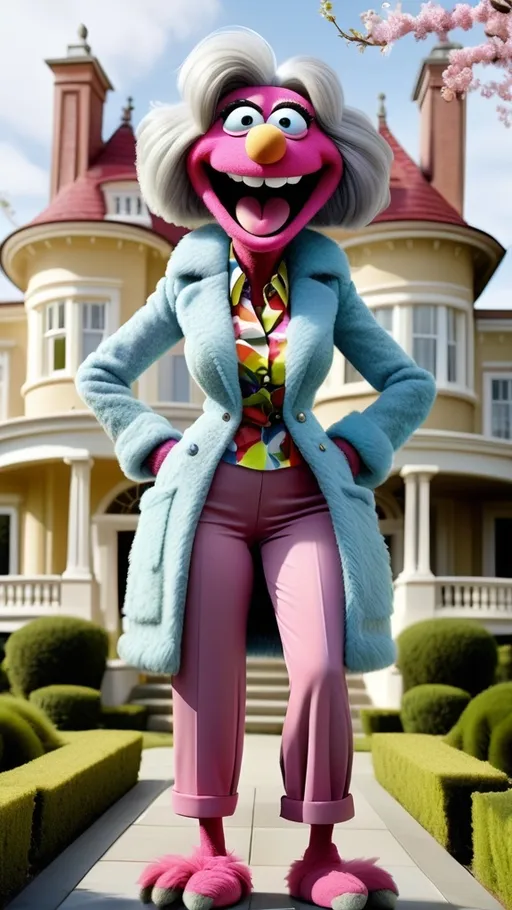 Prompt: head to toe view, Extreme long view,, Muppet theme, vibrant, ultra-detailed, Muppet Show style, standing in front of a mansion, Muppet laughing granny monster, gray hair. The overall style is Springtime modern, whimsical, and full of life,.  BG modern style mansion 