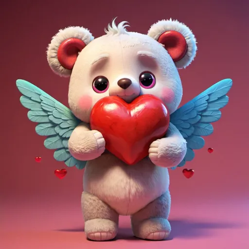 Prompt: Cute Little fairy teddy bear with wings holding a large red heart, highly detailed, vibrant colors, kawaii art, adorable, 4K