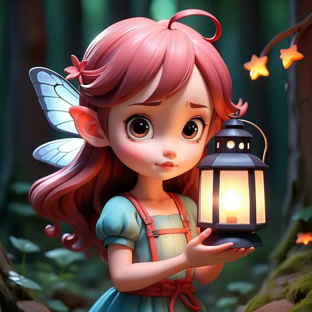 Prompt: 3D animation, kawaii, fairy age 5 holding a lantern 