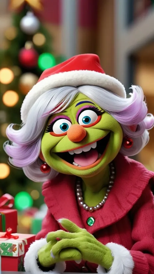 Prompt: Muppet Show Style style, 3D animation, (((laughing granny monster muppet))) gesturing BG Christmas at mall