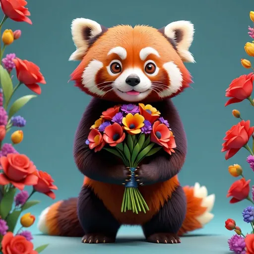Prompt: 3D animation, a red panda, full body, holding vibrantly colored bouquet