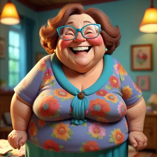 Prompt: 3D full body animation of a smiling overweight grandma with glasses and brown hair, surrealism, detailed wrinkles, vibrant and dreamlike colors, cheerful atmosphere, professional rendering, whimsical surrealism, high quality, detailed, vibrant colors, surreal lighting