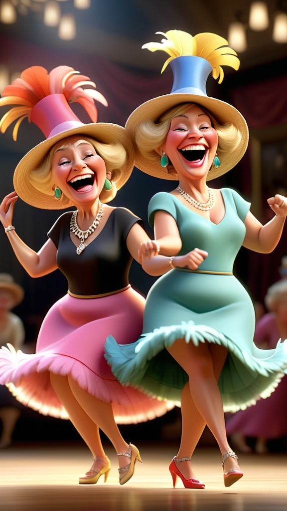 Prompt: Long view, full body, Humorous Pixar Movie image hyper-realistic, 3D Animation, two multi-cultural grannies laughing, one has blonde hair, one has black hair. Wearing large hats with feathers, necklaces, earrings, dresses. Doing the can-can dance.