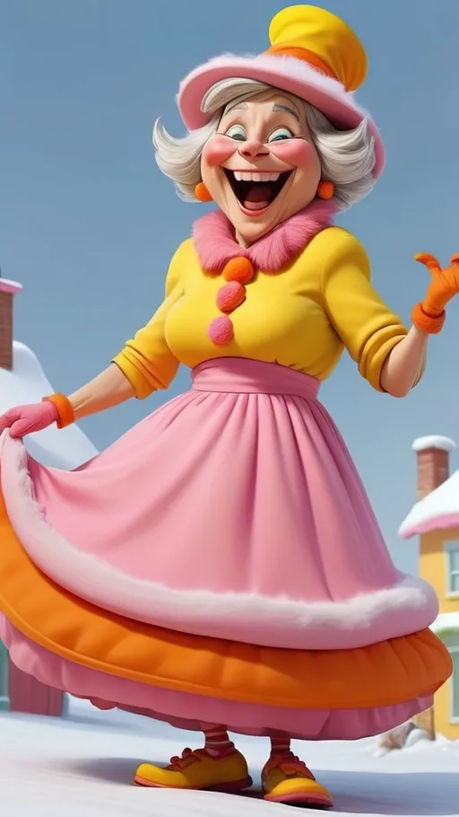 Prompt: Dr Seuss style, laughing chubby granny Seuss wearing yellow and orange holding a very small pink dress 3D animation in BG whoville winter theme, full body, extreme long view 