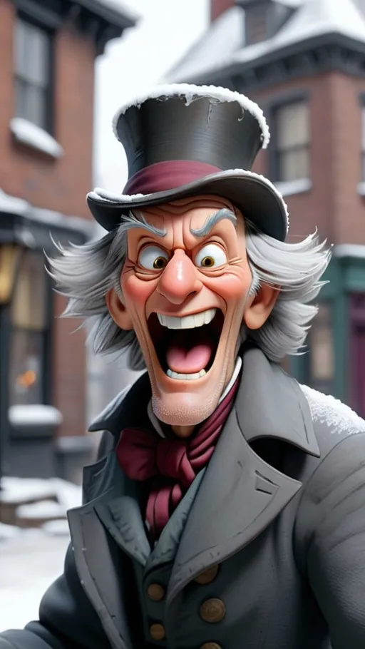 Prompt: 3D animation, stern looking, (((laughing and pointing Scrooge))), with gray hair, a snowy Victorian street