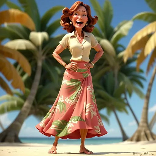 Prompt: Full Body, 3D Animation, woman, age 50, with wrinkles, eyes open, joyful, full body, Tommy Bahama long skirt