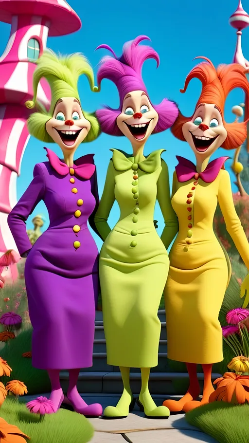 Prompt: 3D animation, (((2 laughing whoville grannies))), in a vibrant seussical garden 