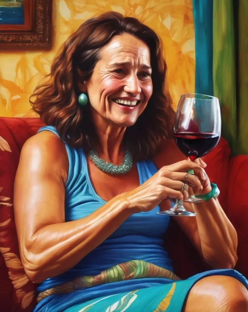 Prompt: whimsical painting of a 40 year old woman with wrinkles and shoulder length hair sitting on a couch drinking a glass of wine while gesturing and talking, ta-da voila gesture Tommy Bahama, extremely detailed, 3d, 