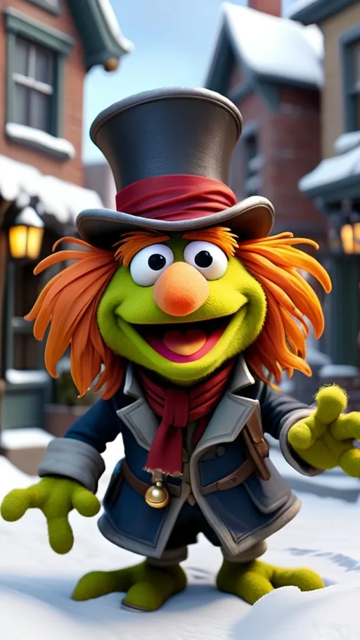 Prompt: 3D animation, kawaii, (((fraggle rock muppet Scrooge))), a snowy Victorian street