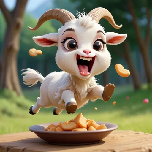 Prompt: Kawaii, funny, chibi silly goat jumping and eating 