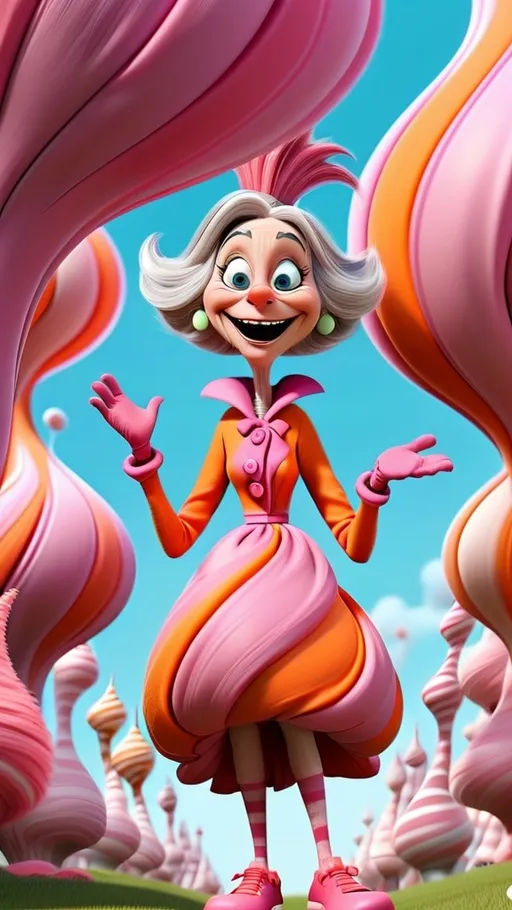 Prompt: extreme long view, head to toe, Dr Seuss style, giggling granny Seuss wearing pink and orange swirling pattern Springtime clothes 3D animation in BG whoville Springtime theme, 